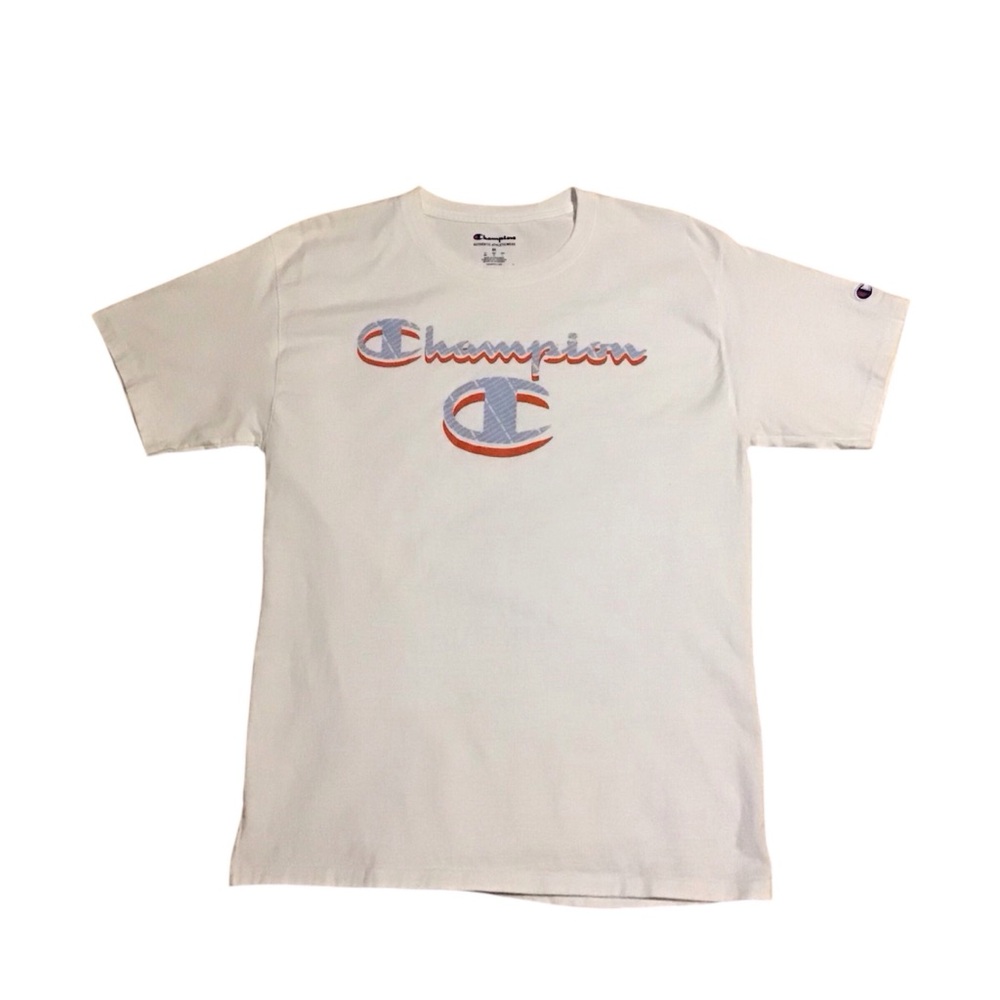 Champion Men’s White T-Shirt with Logo Short Sleeve Athleticwear Sports Sz Med